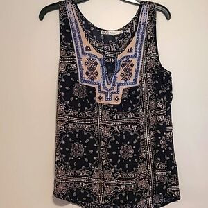 Laffaire navy & tan sleeveless blouse with stone embellishments Sz L